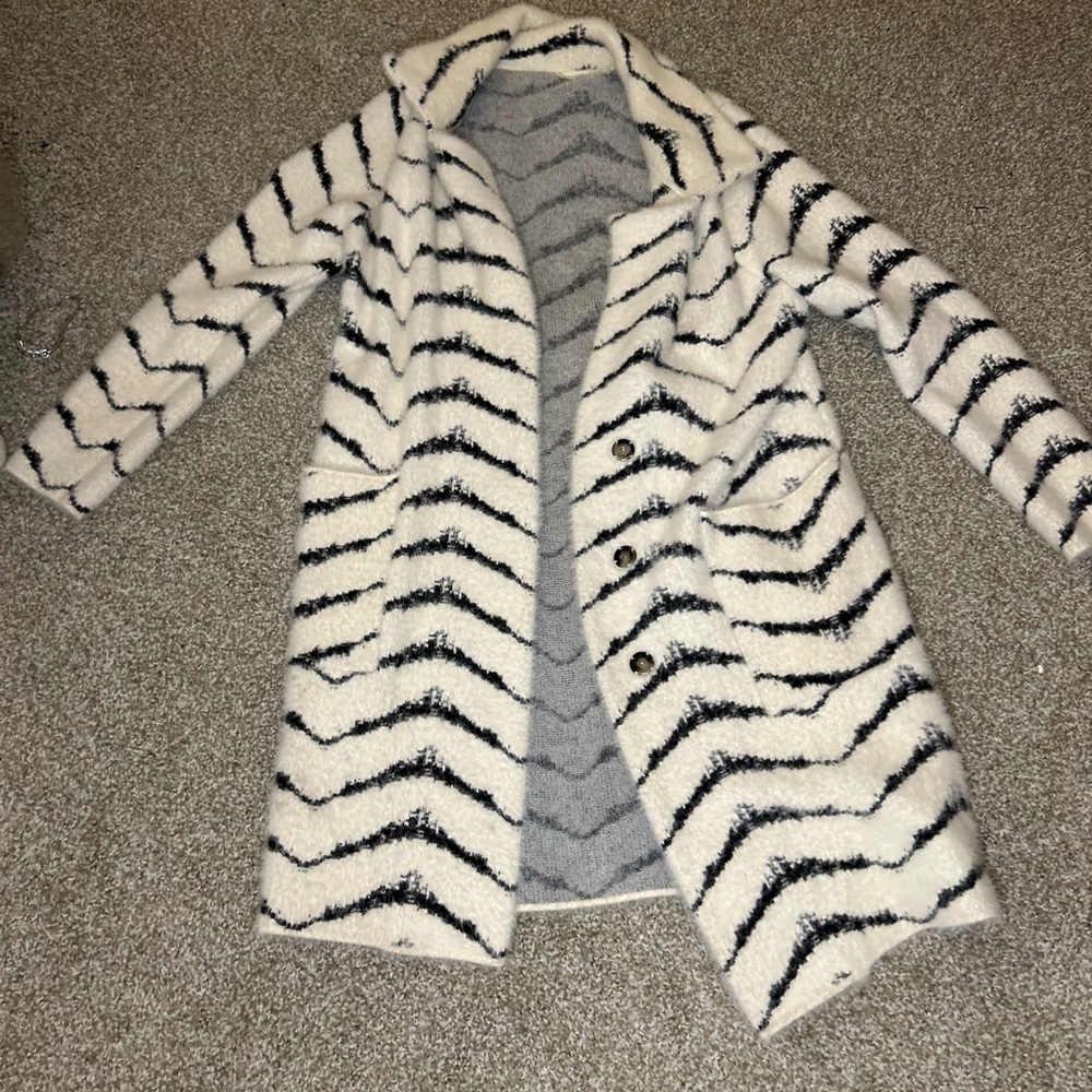 Black and White Striped Teddy Jacket with Plush Texture